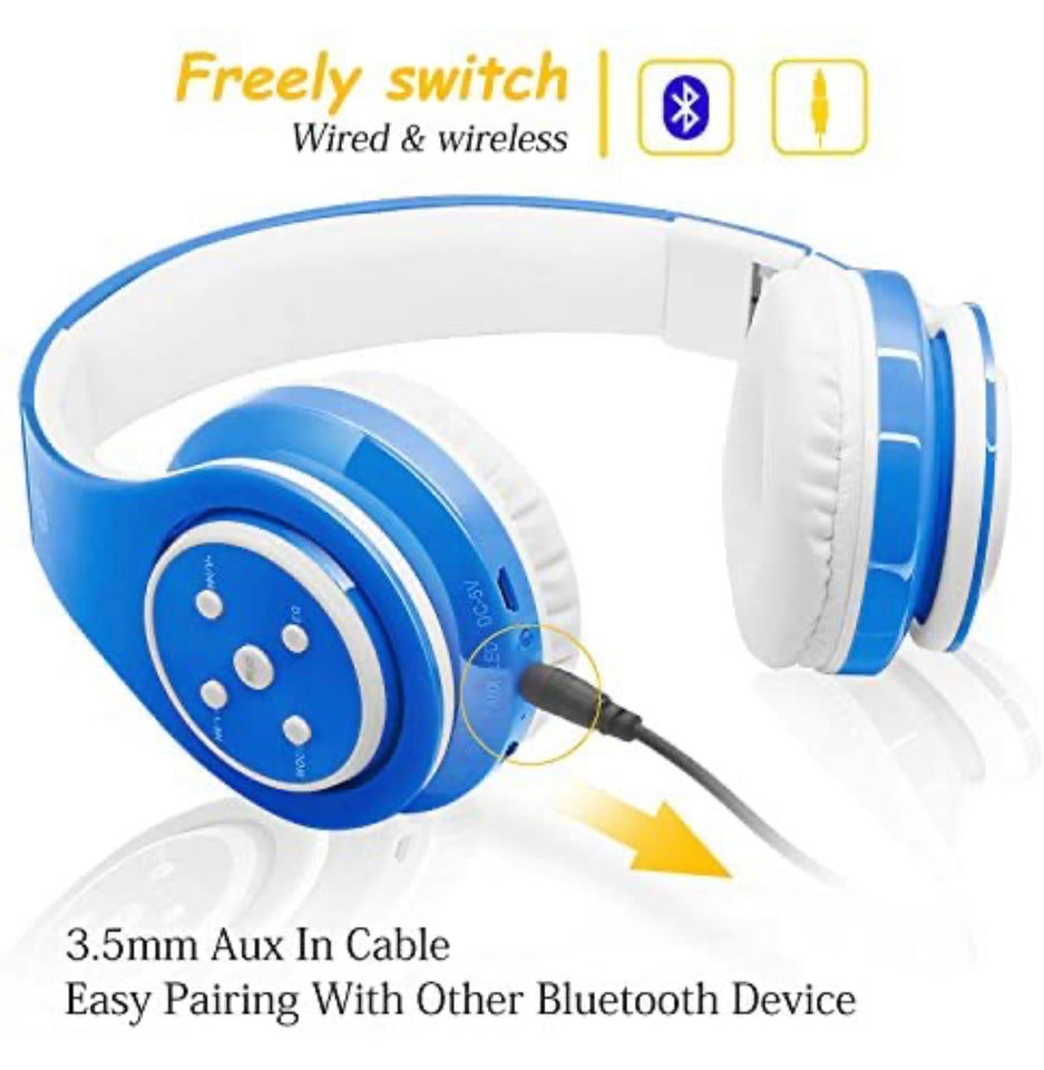 Kids Calming Headphones: Bluetooth Wireless, Volume Limited Children's Headset, up to 6-8 Hours Play, Stereo Sound, SD Card Slot, Over-Ear and Build-in Mic Wireless/Wired Headphones w/ 3 hours of Calming Music Downloaded